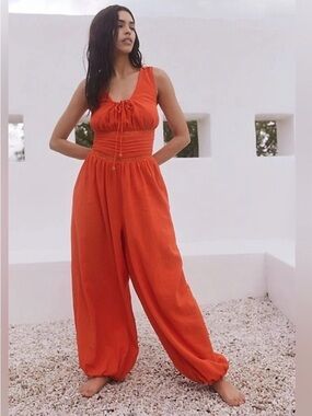 Free People Livin’ Lovely Crochet Cotton Jumpsuit Orange Small